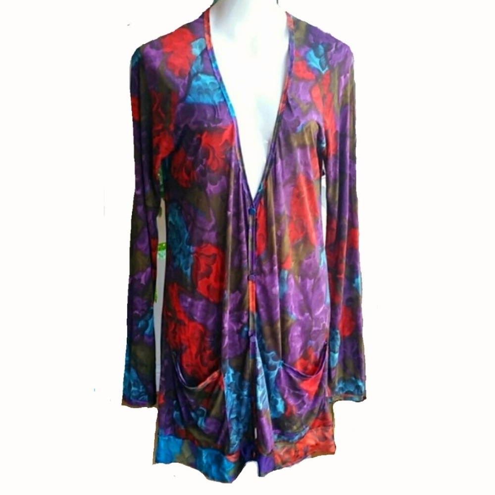Vintage LANVIN Paris Floral Boho Lightweight Silk Viscose Cardigan Size Large